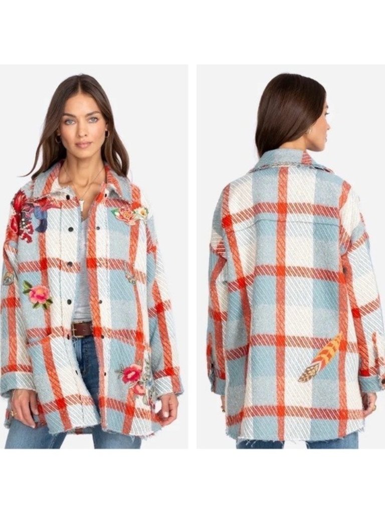 Johnny Was Biya Blue Red Wool Check Floral Embroidered Great Jacket, Size Xl